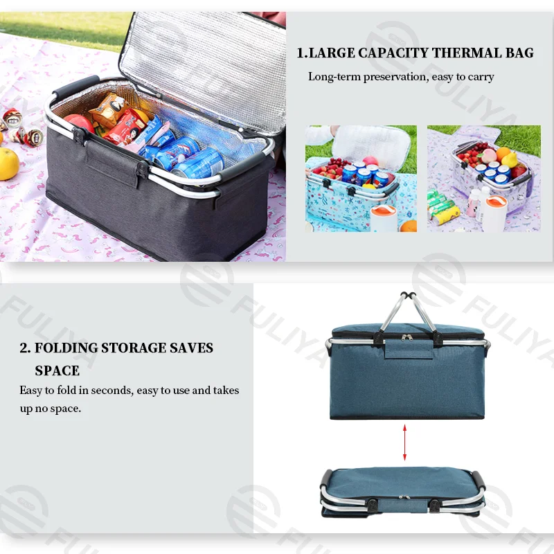 Guangzhou Fuliya Industry Co.,Ltd C-80982 Large-capacity foldable insulated picnic basket with a thickened aluminum alloy frame for strong load-bearing. Easy to fold and space-saving. For outdoor camping, picnics, and daily lunches.