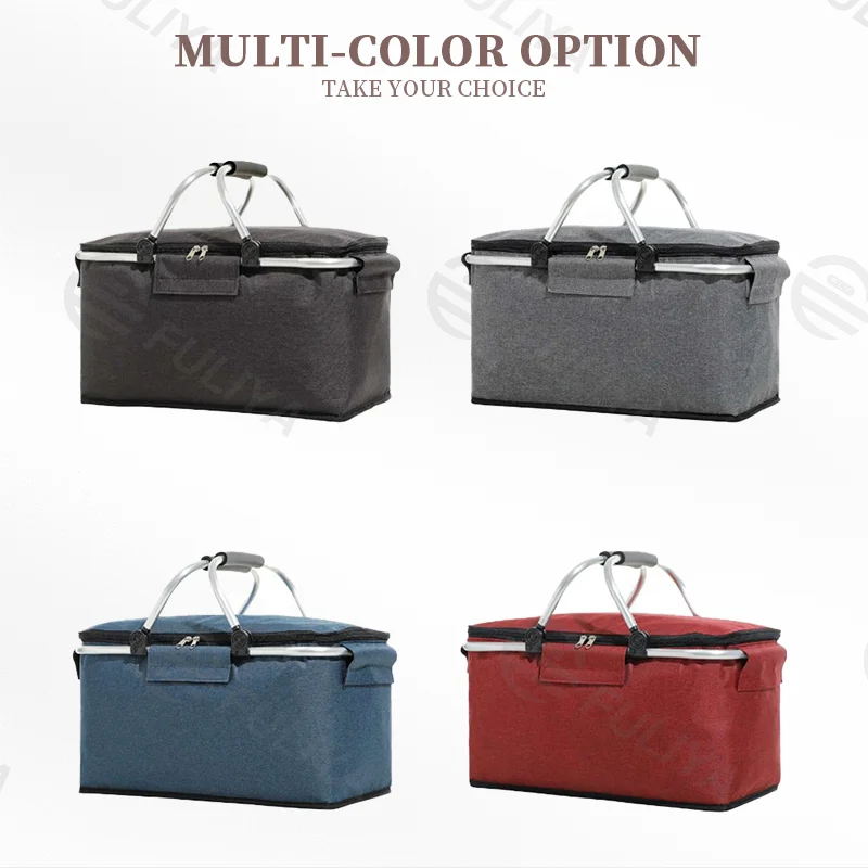 Guangzhou Fuliya Industry Co.,Ltd C-80982 Large-capacity foldable insulated picnic basket with a thickened aluminum alloy frame for strong load-bearing. Easy to fold and space-saving. For outdoor camping, picnics, and daily lunches.