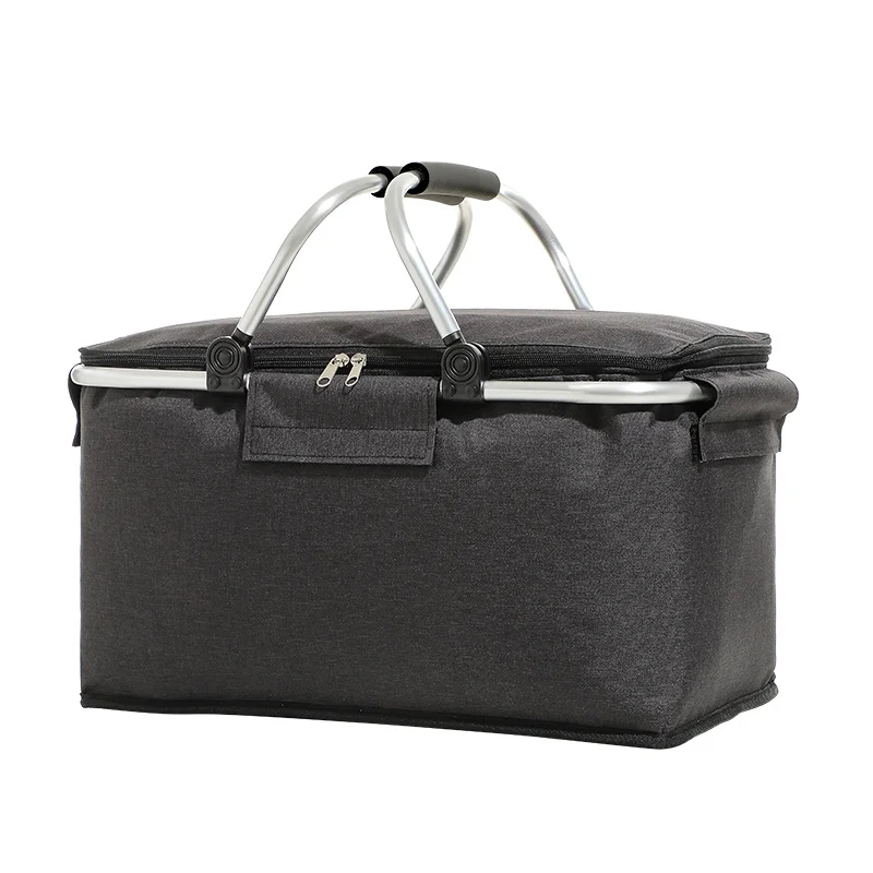 Guangzhou Fuliya Industry Co.,Ltd C-80982 Large-capacity foldable insulated picnic basket with a thickened aluminum alloy frame for strong load-bearing. Easy to fold and space-saving. For outdoor camping, picnics, and daily lunches.