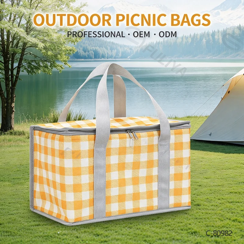 Guangzhou Fuliya Industry Co.,Ltd C-80982 Large-capacity foldable insulated picnic basket with a thickened aluminum alloy frame for strong load-bearing. Easy to fold and space-saving. For outdoor camping, picnics, and daily lunches.