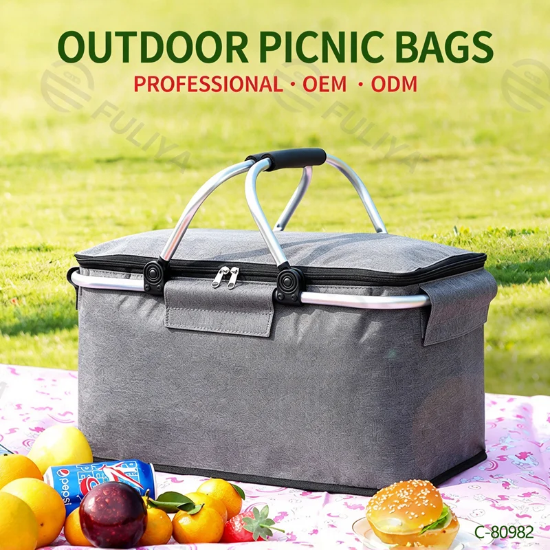 Guangzhou Fuliya Industry Co.,Ltd C-80982 Large-capacity foldable insulated picnic basket with a thickened aluminum alloy frame for strong load-bearing. Easy to fold and space-saving. For outdoor camping, picnics, and daily lunches.