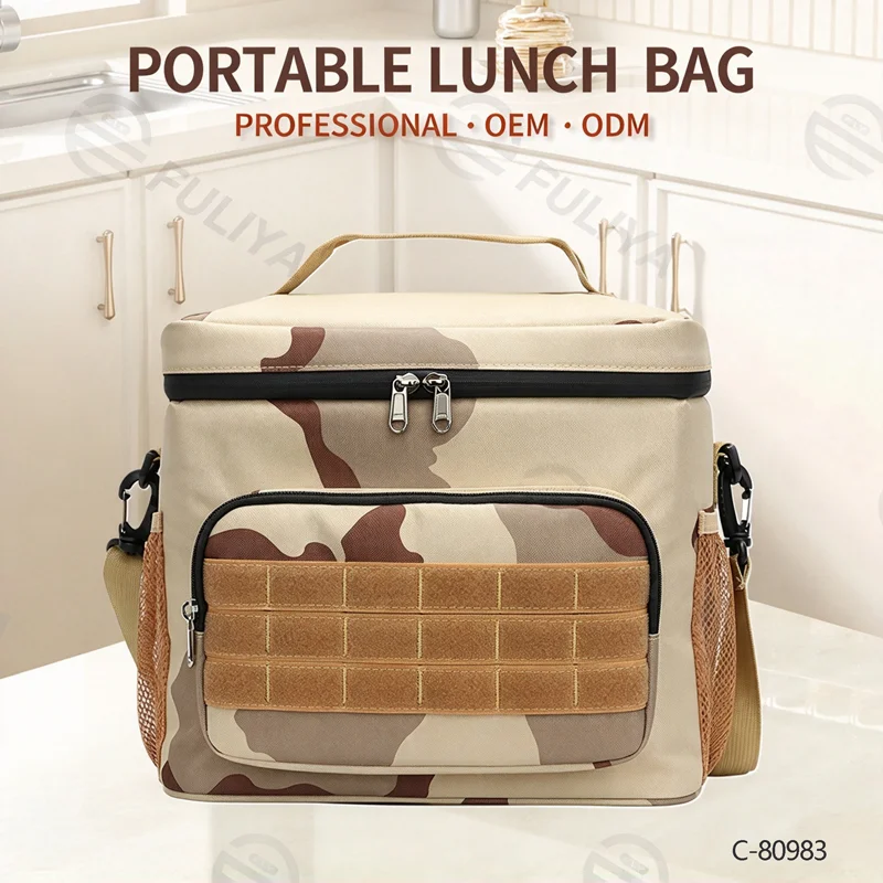 Guangzhou Fuliya Industry Co.,Ltd C-80983 Large-capacity waterproof thermal bag. Oxford fabric + EVA lining. Velcro, functional layers, reinforced handle. For work lunches and outdoor camping.