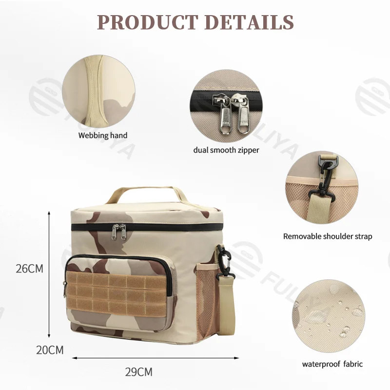 Guangzhou Fuliya Industry Co.,Ltd C-80983 Large-capacity waterproof thermal bag. Oxford fabric + EVA lining. Velcro, functional layers, reinforced handle. For work lunches and outdoor camping.