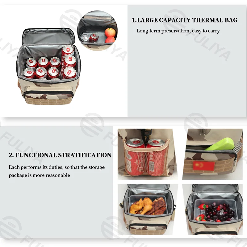 Guangzhou Fuliya Industry Co.,Ltd C-80983 Large-capacity waterproof thermal bag. Oxford fabric + EVA lining. Velcro, functional layers, reinforced handle. For work lunches and outdoor camping.