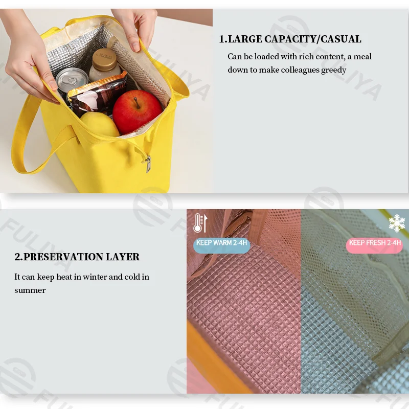 Guangzhou Fuliya Industry Co.,Ltd C-80984  Portable Macaron large-capacity lunch bag. Foil-lined layer keeps food warm/cold for 2-4 hours. Fits bento and fruit. For commuting and picnics.