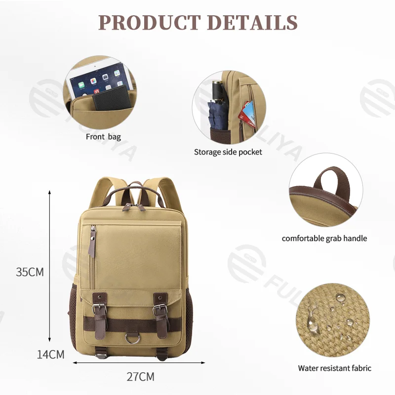 Guangzhou Fuliya Industry Co.,Ltd C-80986 Retro canvas multi-function backpack with large multi-layer storage. Zipper and hook straps support backpack, shoulder, hand carry, and left/right switching. For school, commuting, and travel.