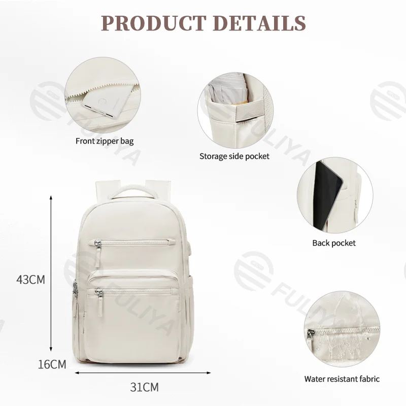 Guangzhou Fuliya Industry Co.,Ltd C-80987 Minimalist travel backpack with 180° clamshell opening and wet/dry separation. Features internal mesh pockets and external USB port. Large capacity for short trips, school, and commuting.