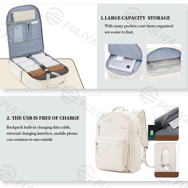Guangzhou Fuliya Industry Co.,Ltd C-80987 Minimalist travel backpack with 180° clamshell opening and wet/dry separation. Features internal mesh pockets and external USB port. Large capacity for short trips, school, and commuting.