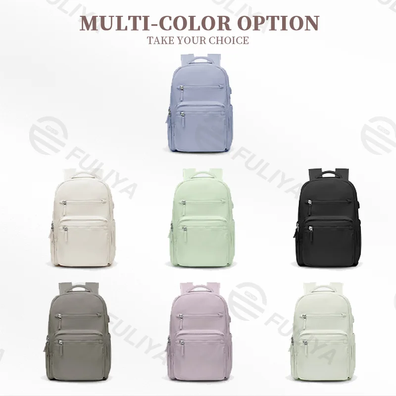Guangzhou Fuliya Industry Co.,Ltd C-80987 Minimalist travel backpack with 180° clamshell opening and wet/dry separation. Features internal mesh pockets and external USB port. Large capacity for short trips, school, and commuting.