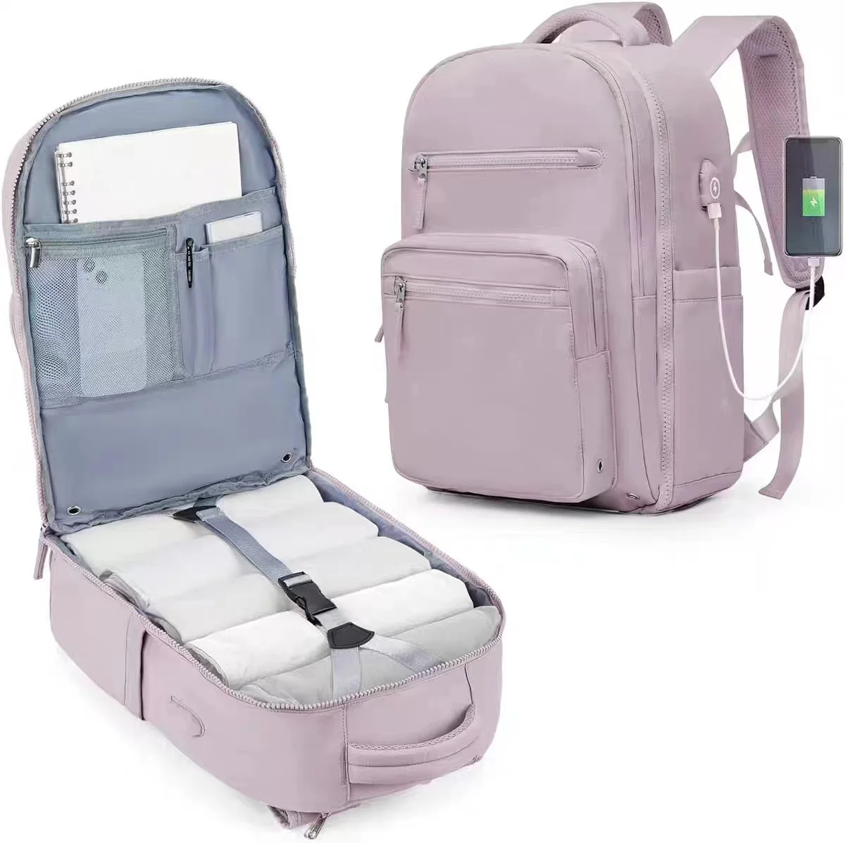 Guangzhou Fuliya Industry Co.,Ltd C-80987 Minimalist travel backpack with 180° clamshell opening and wet/dry separation. Features internal mesh pockets and external USB port. Large capacity for short trips, school, and commuting.
