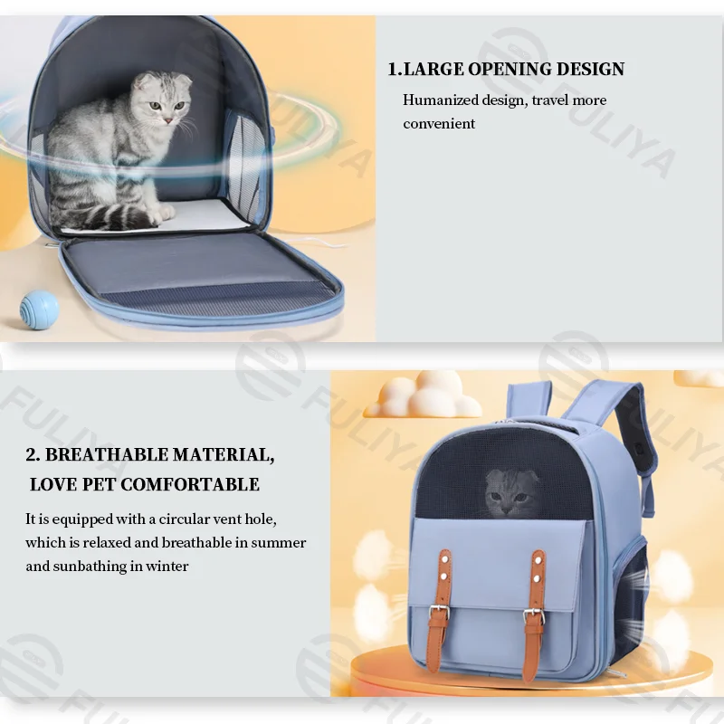 Guangzhou Fuliya Industry Co.,Ltd C-80991 Large-capacity pet backpack with ergonomic design. Breathable mesh, wide opening, and anti-loss hook. For outdoor travel with pets.