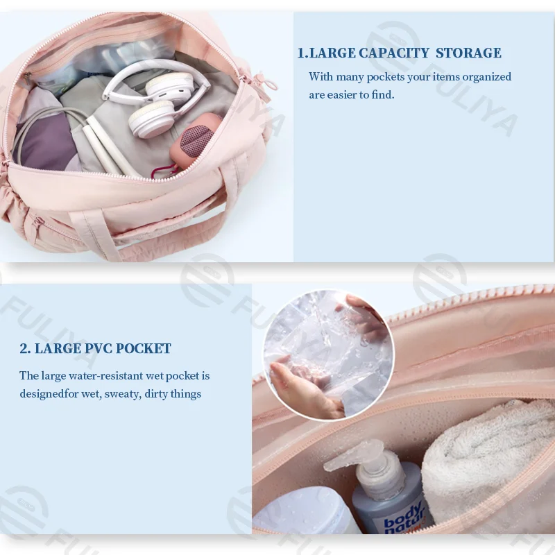 Guangzhou Fuliya Industry Co.,Ltd C-80993 Lightweight quilted sports travel bag with wet/dry PVC pocket. Multi-pockets, padded strap, and trolley sleeve. Hand/shoulder/crossbody carry. For gym, swimming, and short trips.