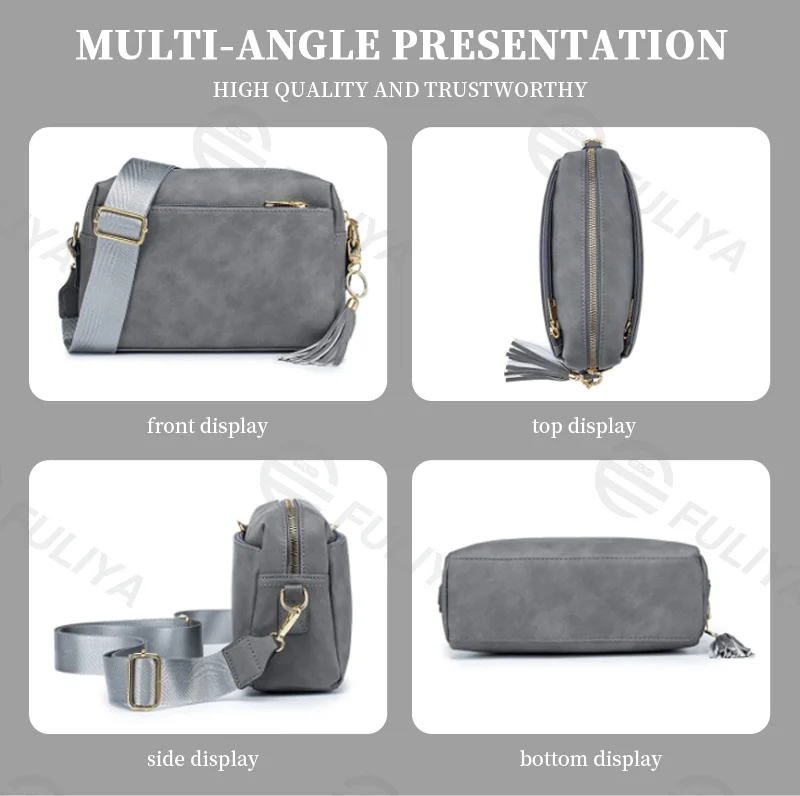 Guangzhou Fuliya Industry Co.,Ltd C-80995 Retro soft leather crossbody bag with detachable tassel and wide strap. Multi-compartment design for daily essentials. For commuting and casual wear.