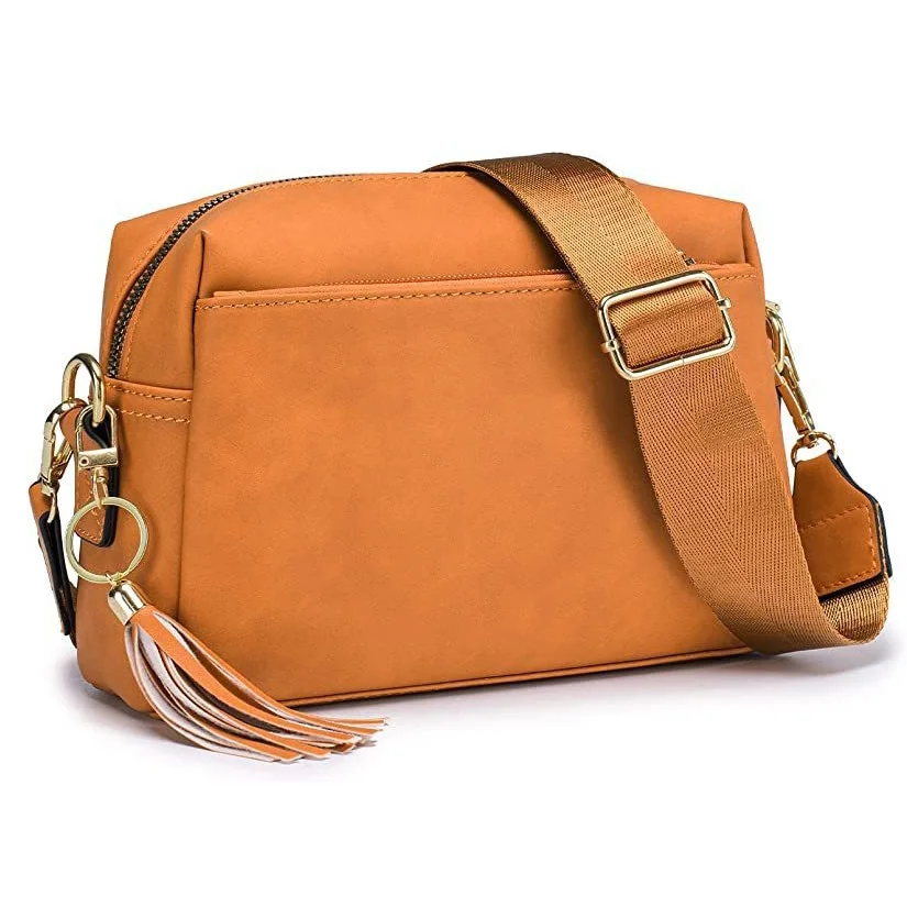 Guangzhou Fuliya Industry Co.,Ltd C-80995 Retro soft leather crossbody bag with detachable tassel and wide strap. Multi-compartment design for daily essentials. For commuting and casual wear.