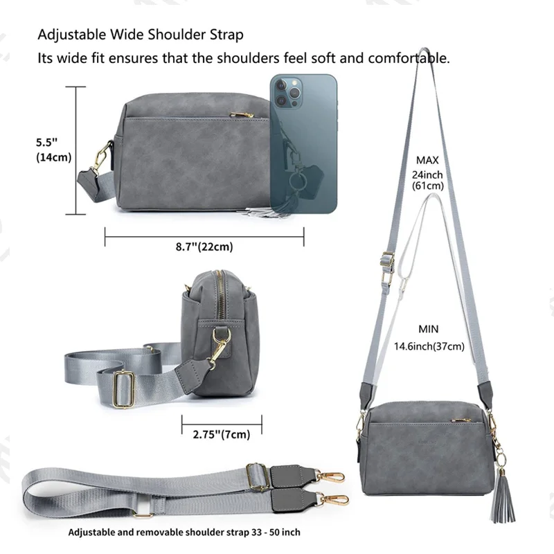 Guangzhou Fuliya Industry Co.,Ltd C-80995 Retro soft leather crossbody bag with detachable tassel and wide strap. Multi-compartment design for daily essentials. For commuting and casual wear.