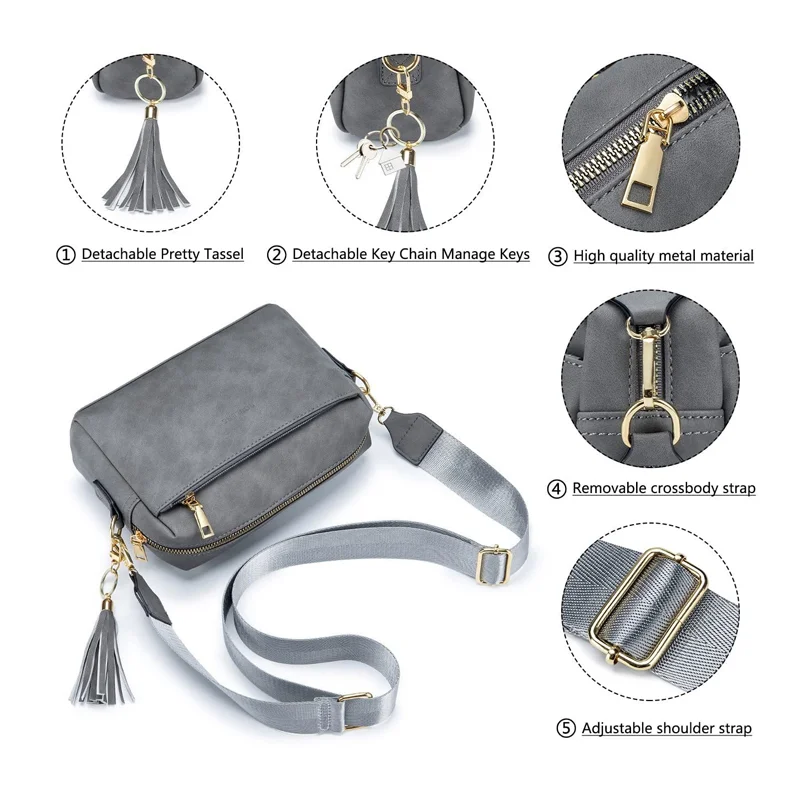 Guangzhou Fuliya Industry Co.,Ltd C-80995 Retro soft leather crossbody bag with detachable tassel and wide strap. Multi-compartment design for daily essentials. For commuting and casual wear.