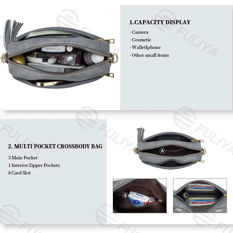 Guangzhou Fuliya Industry Co.,Ltd C-80995 Retro soft leather crossbody bag with detachable tassel and wide strap. Multi-compartment design for daily essentials. For commuting and casual wear.