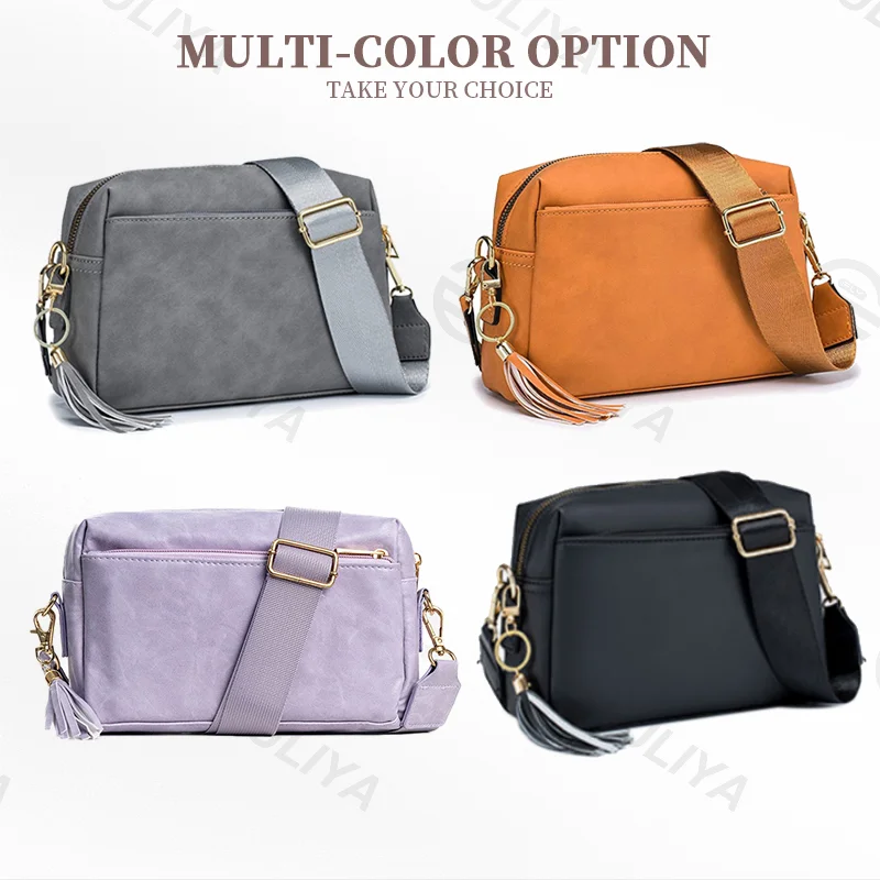 Guangzhou Fuliya Industry Co.,Ltd C-80995 Retro soft leather crossbody bag with detachable tassel and wide strap. Multi-compartment design for daily essentials. For commuting and casual wear.