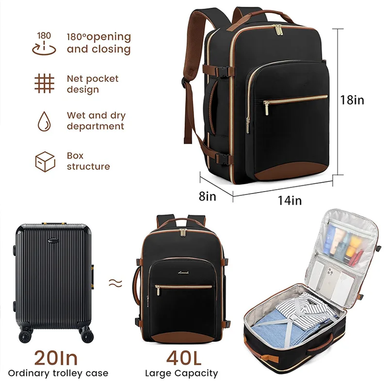Guangzhou Fuliya Industry Co.,Ltd C-80999 40L large-capacity travel backpack with 180° clamshell opening, fits 17" laptop. Wet/dry separation, shoe bag, multi-purpose pouches, and TSA-friendly design. For business trips and leisure travel.