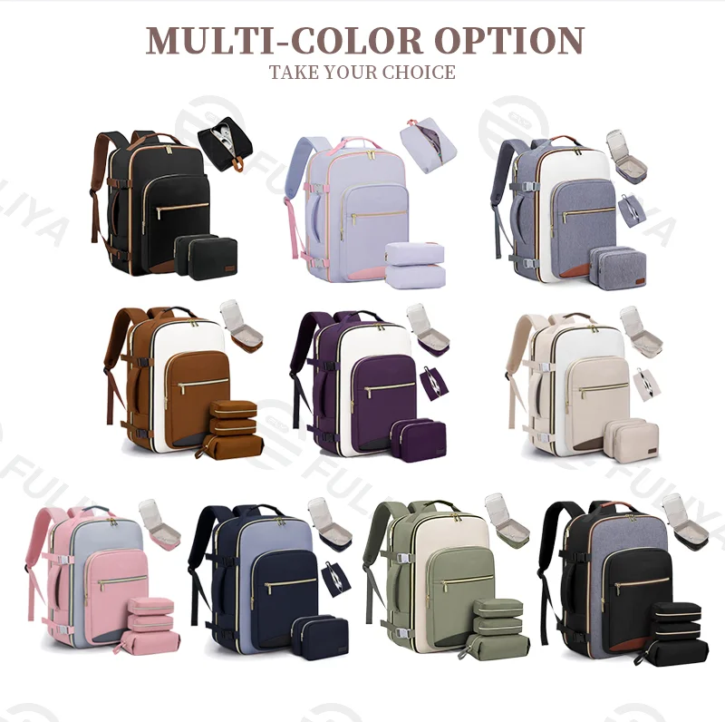 Guangzhou Fuliya Industry Co.,Ltd C-80999 40L large-capacity travel backpack with 180° clamshell opening, fits 17" laptop. Wet/dry separation, shoe bag, multi-purpose pouches, and TSA-friendly design. For business trips and leisure travel.