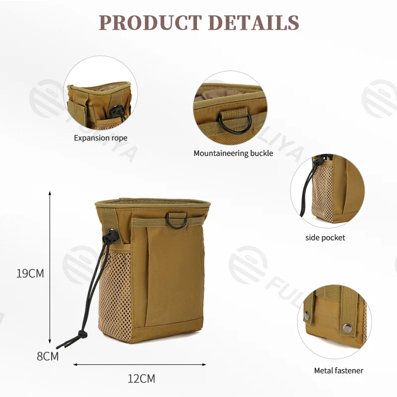 Guangzhou Fuliya Industry Co.,Ltd C-81008 Outdoor tactical pouch, wear-resistant, large capacity, drawstring closure, buckle, D-ring, side pocket, and metal fastener - attaches to belt or backpack for outdoor and daily use.
