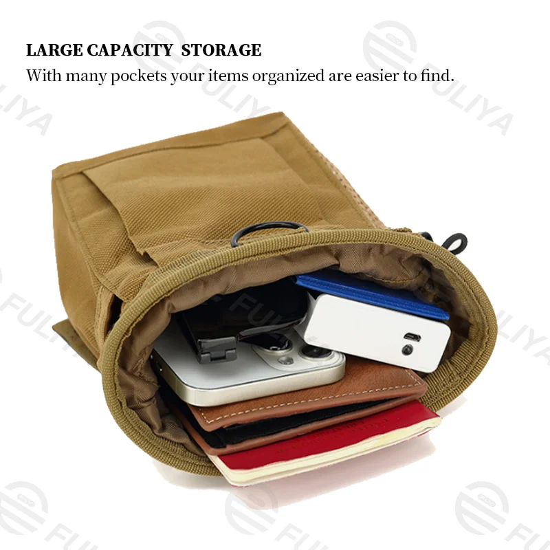 Guangzhou Fuliya Industry Co.,Ltd C-81008 Outdoor tactical pouch, wear-resistant, large capacity, drawstring closure, buckle, D-ring, side pocket, and metal fastener - attaches to belt or backpack for outdoor and daily use.
