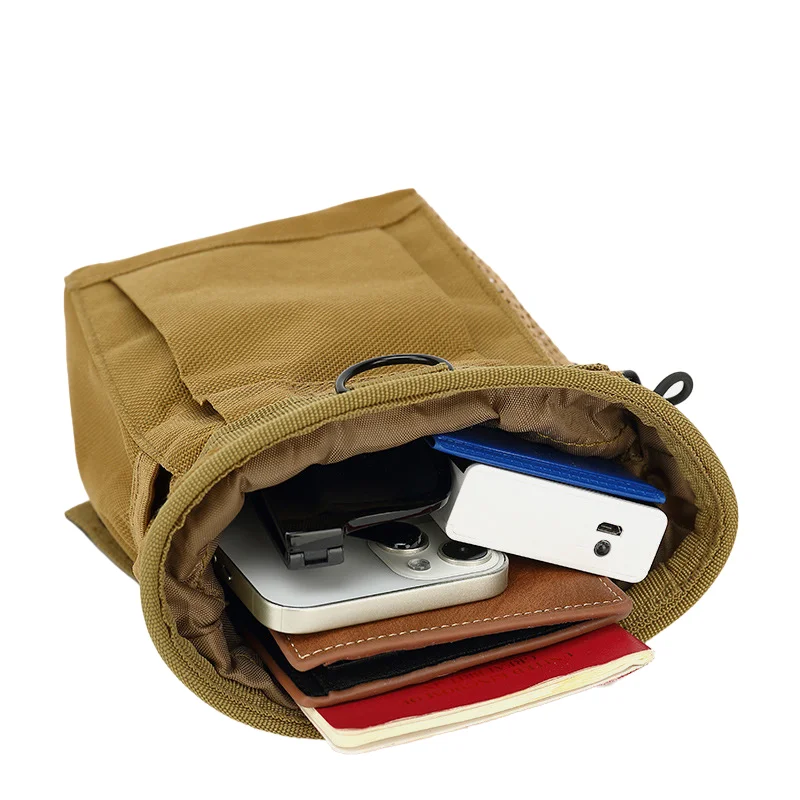 Guangzhou Fuliya Industry Co.,Ltd C-81008 Outdoor tactical pouch, wear-resistant, large capacity, drawstring closure, buckle, D-ring, side pocket, and metal fastener - attaches to belt or backpack for outdoor and daily use.