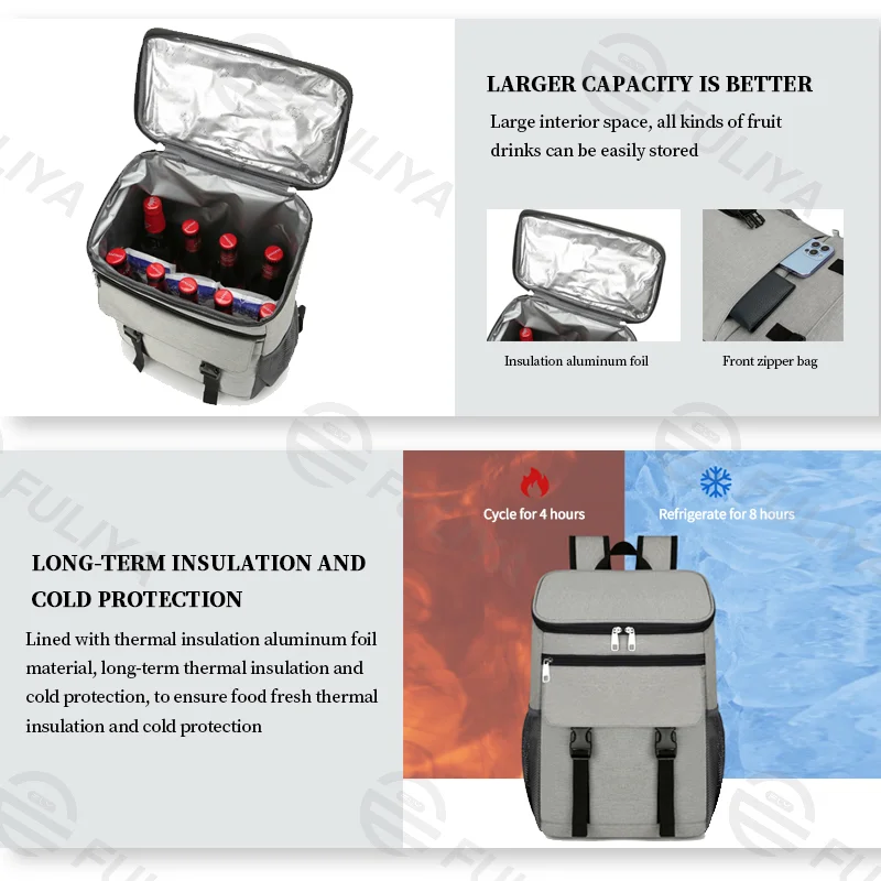 Guangzhou Fuliya Industry Co.,Ltd C-81009 Outdoor insulated cooler backpack, foil lining, large capacity, waterproof easy-clean lining, S-curve straps, and breathable back pad - for picnics, camping, and lunch.
