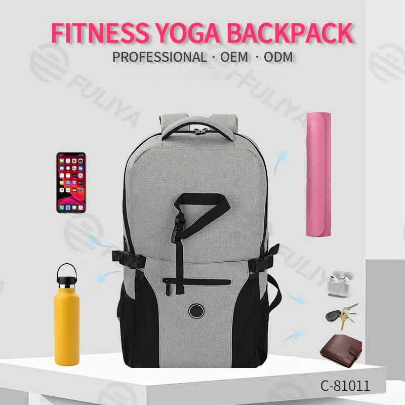 Guangzhou Fuliya Industry Co.,Ltd C-81011 Yoga travel backpack, water-resistant, large capacity, laptop compartment, front zipper pocket, side mesh pockets, and breathable back mesh - external yoga mat attachment for yoga, fitness, and outdoor.