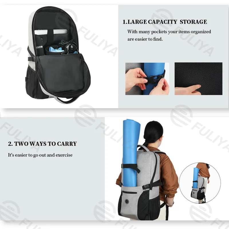 Guangzhou Fuliya Industry Co.,Ltd C-81011 Yoga travel backpack, water-resistant, large capacity, laptop compartment, front zipper pocket, side mesh pockets, and breathable back mesh - external yoga mat attachment for yoga, fitness, and outdoor.