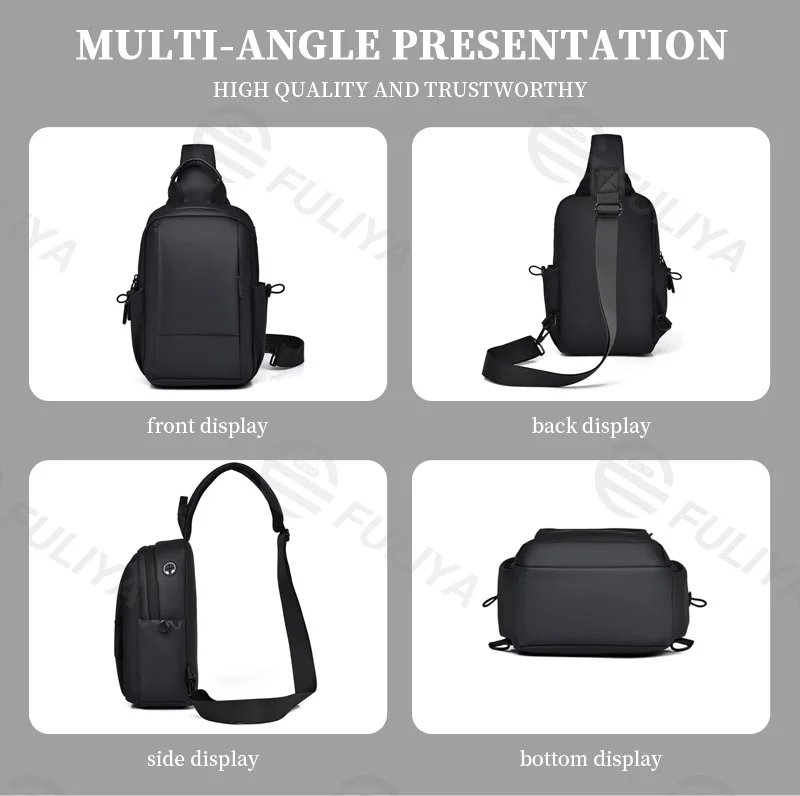 Guangzhou Fuliya Industry Co.,Ltd C-81012 Men's chest bag, water-resistant, large capacity, detachable adjustable strap, front zipper pocket, side pocket, and metal swivel buckle - left/right shoulder switchable for casual, travel, and outdoor.