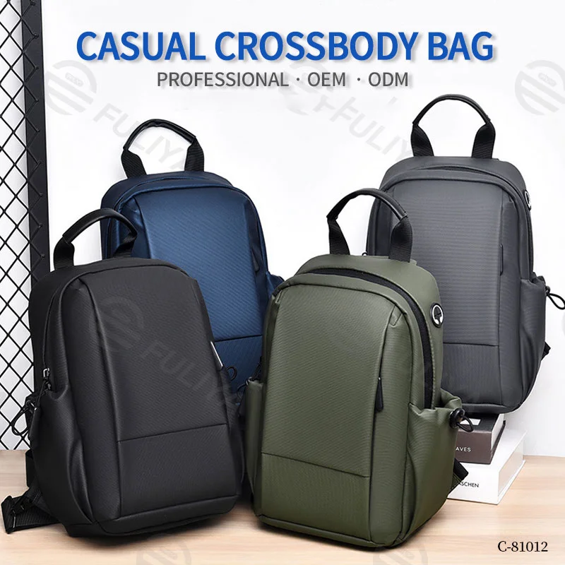 Guangzhou Fuliya Industry Co.,Ltd C-81012 Men's chest bag, water-resistant, large capacity, detachable adjustable strap, front zipper pocket, side pocket, and metal swivel buckle - left/right shoulder switchable for casual, travel, and outdoor.