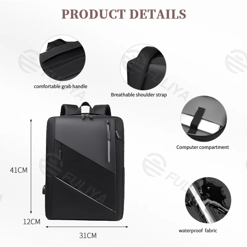Guangzhou Fuliya Industry Co.,Ltd C-81015 Stylish lightweight backpack, water-resistant, large capacity, laptop compartment, external USB port, comfortable handle, and breathable shoulder straps - for commuting, travel, and casual use.