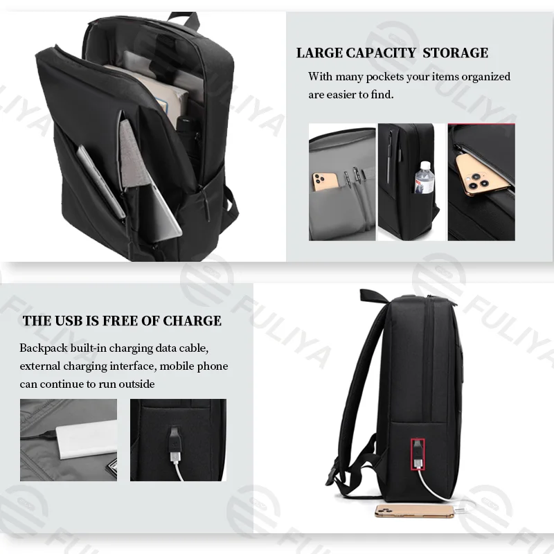 Guangzhou Fuliya Industry Co.,Ltd C-81015 Stylish lightweight backpack, water-resistant, large capacity, laptop compartment, external USB port, comfortable handle, and breathable shoulder straps - for commuting, travel, and casual use.