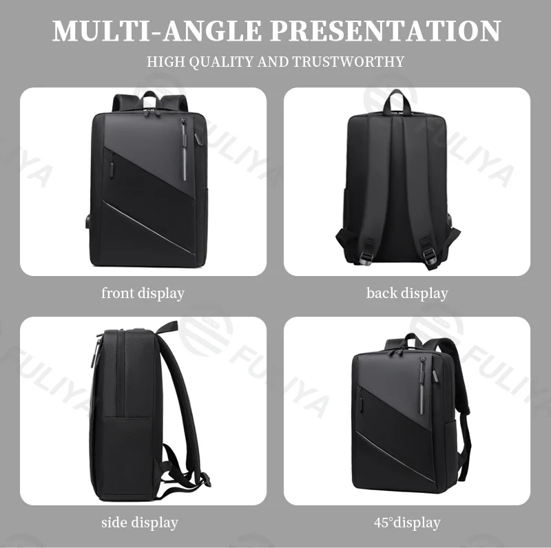 Guangzhou Fuliya Industry Co.,Ltd C-81015 Stylish lightweight backpack, water-resistant, large capacity, laptop compartment, external USB port, comfortable handle, and breathable shoulder straps - for commuting, travel, and casual use.