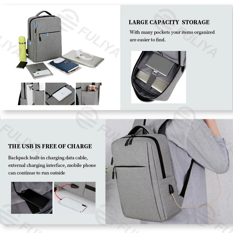 Guangzhou Fuliya Industry Co.,Ltd C-81016Men's business laptop backpack, water-resistant, large capacity, external USB port, and luggage strap, customizable logo - for commuting, business trips, and travel.