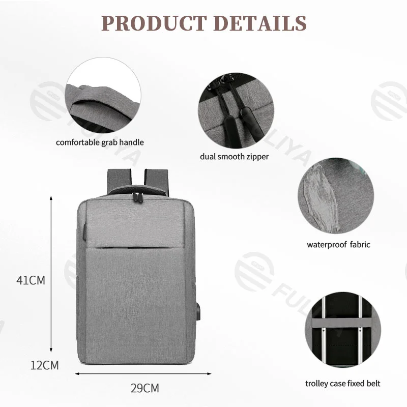 Guangzhou Fuliya Industry Co.,Ltd C-81016Men's business laptop backpack, water-resistant, large capacity, external USB port, and luggage strap, customizable logo - for commuting, business trips, and travel.