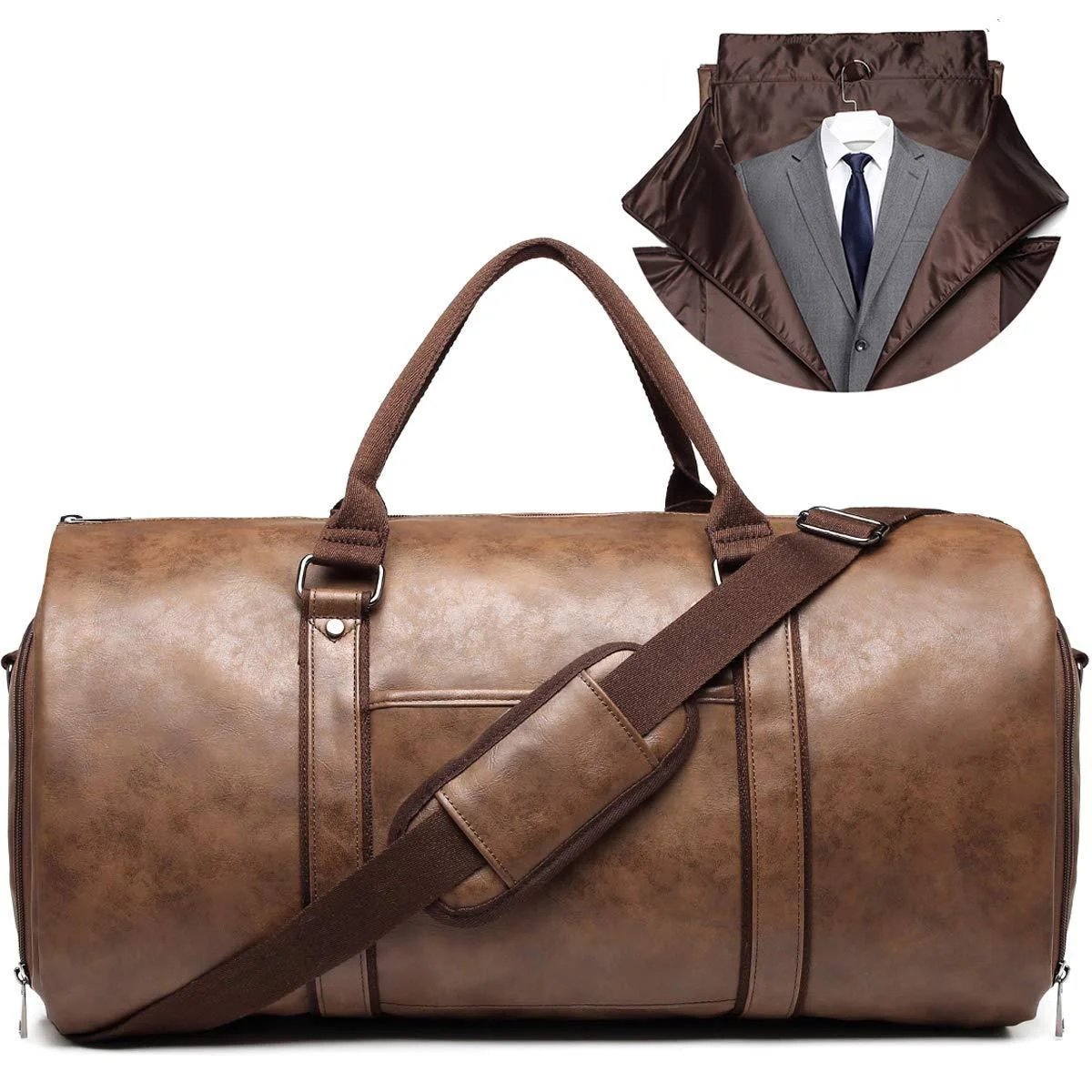 Guangzhou Fuliya Industry Co.,Ltd C-81017  Men's suit travel bag, water-resistant leather, 50L, hanging suit design, shoe compartment, multi-pockets, and luggage strap - converts into a duffel for business trips and travel.