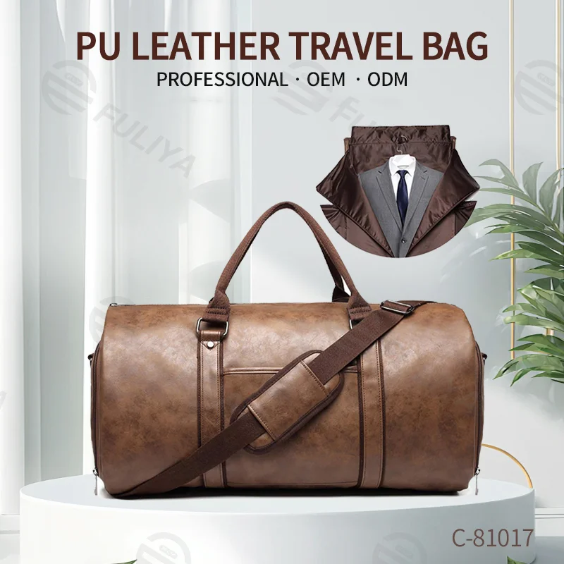 Guangzhou Fuliya Industry Co.,Ltd C-81017 Men's suit travel bag, water-resistant leather, 50L, hanging suit design, shoe compartment, multi-pockets, and luggage strap - converts into a duffel for business trips and travel.
