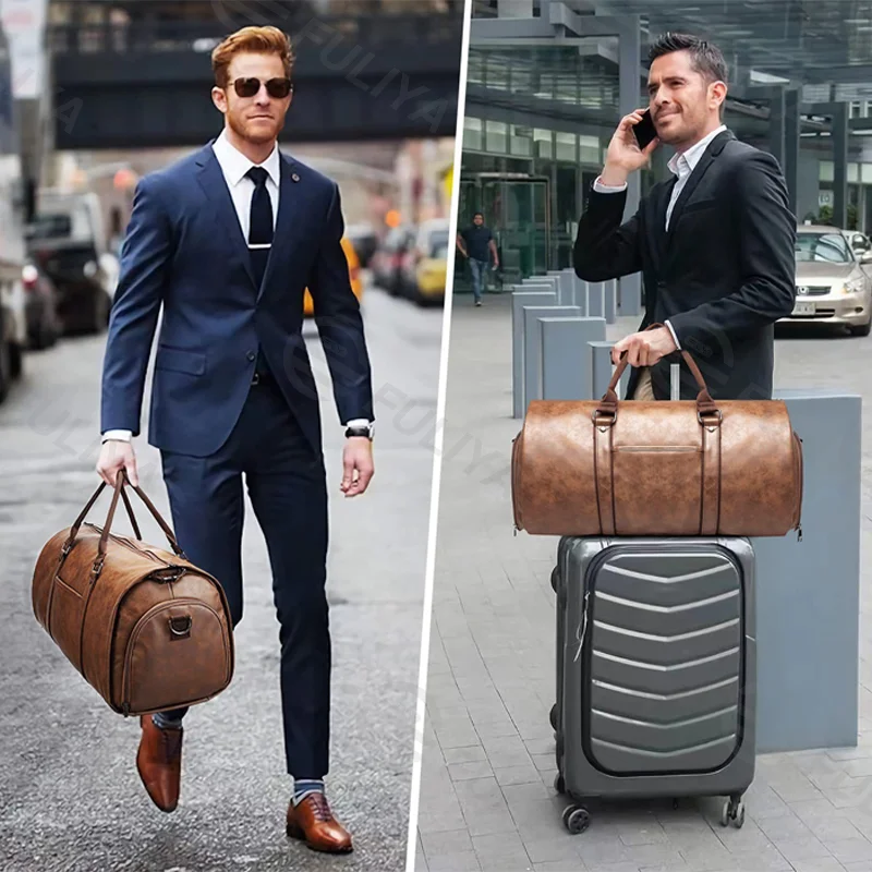 Guangzhou Fuliya Industry Co.,Ltd C-81017 Men's suit travel bag, water-resistant leather, 50L, hanging suit design, shoe compartment, multi-pockets, and luggage strap - converts into a duffel for business trips and travel.
