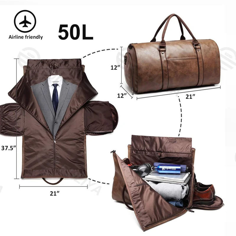 Guangzhou Fuliya Industry Co.,Ltd C-81017 Men's suit travel bag, water-resistant leather, 50L, hanging suit design, shoe compartment, multi-pockets, and luggage strap - converts into a duffel for business trips and travel.