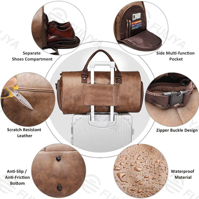 Guangzhou Fuliya Industry Co.,Ltd C-81017 Men's suit travel bag, water-resistant leather, 50L, hanging suit design, shoe compartment, multi-pockets, and luggage strap - converts into a duffel for business trips and travel.