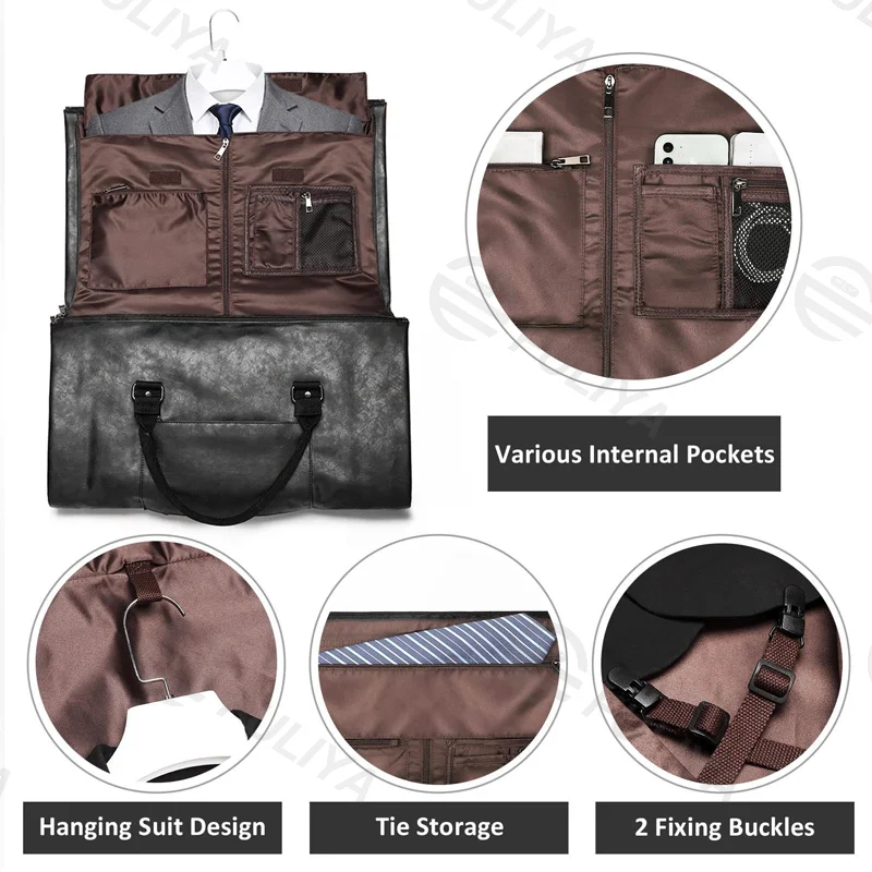 Guangzhou Fuliya Industry Co.,Ltd C-81017 Men's suit travel bag, water-resistant leather, 50L, hanging suit design, shoe compartment, multi-pockets, and luggage strap - converts into a duffel for business trips and travel.