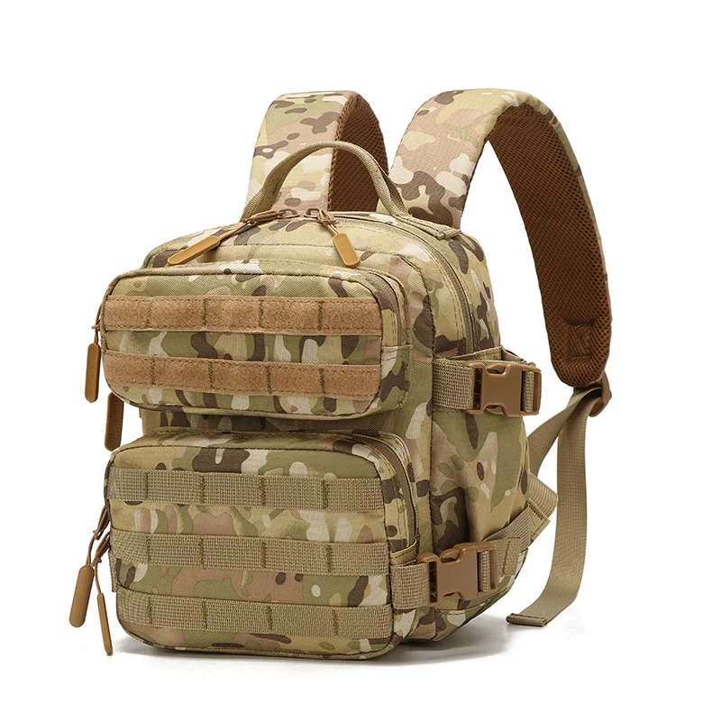 Guangzhou Fuliya Industry Co.,Ltd C-81019 9L mini tactical backpack, large capacity, MOLLE attachment, Velcro, bottle mesh pockets, adjustable buckles, and honeycomb breathable back panel - for outdoor, commuting, cycling, and travel.