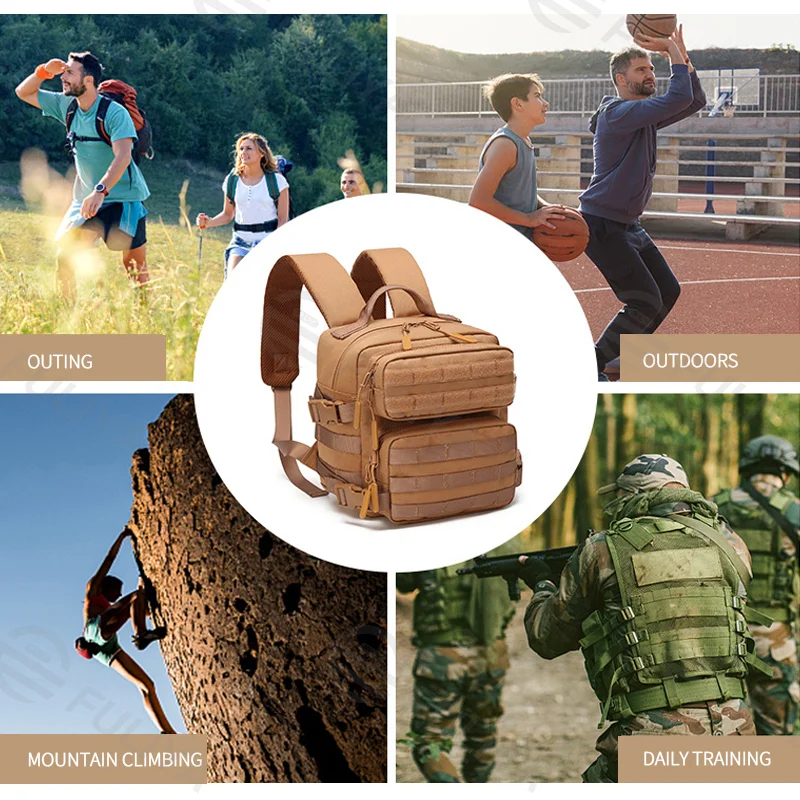 Guangzhou Fuliya Industry Co.,Ltd C-81019 9L mini tactical backpack, large capacity, MOLLE attachment, Velcro, bottle mesh pockets, adjustable buckles, and honeycomb breathable back panel - for outdoor, commuting, cycling, and travel.