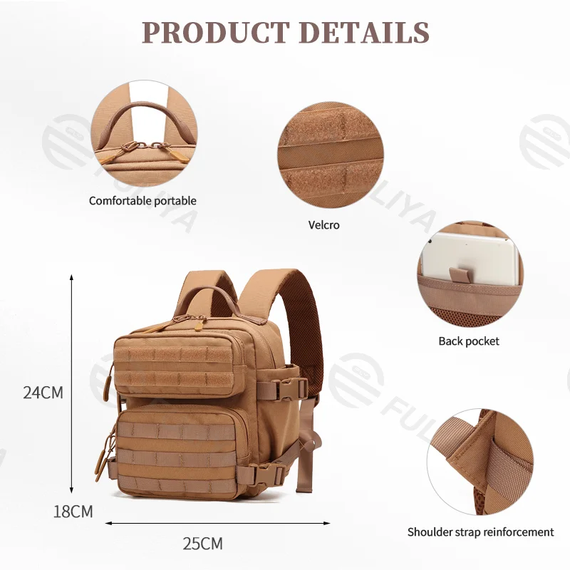 Guangzhou Fuliya Industry Co.,Ltd C-81019 9L mini tactical backpack, large capacity, MOLLE attachment, Velcro, bottle mesh pockets, adjustable buckles, and honeycomb breathable back panel - for outdoor, commuting, cycling, and travel.