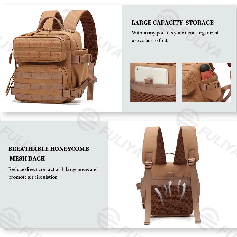 Guangzhou Fuliya Industry Co.,Ltd C-81019 9L mini tactical backpack, large capacity, MOLLE attachment, Velcro, bottle mesh pockets, adjustable buckles, and honeycomb breathable back panel - for outdoor, commuting, cycling, and travel.