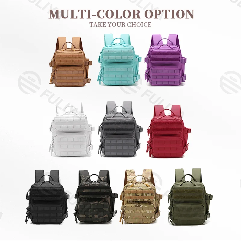 Guangzhou Fuliya Industry Co.,Ltd C-81019 9L mini tactical backpack, large capacity, MOLLE attachment, Velcro, bottle mesh pockets, adjustable buckles, and honeycomb breathable back panel - for outdoor, commuting, cycling, and travel.