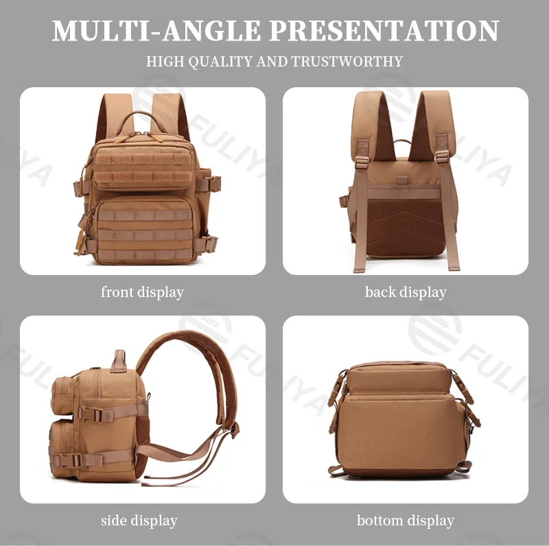 Guangzhou Fuliya Industry Co.,Ltd C-81019 9L mini tactical backpack, large capacity, MOLLE attachment, Velcro, bottle mesh pockets, adjustable buckles, and honeycomb breathable back panel - for outdoor, commuting, cycling, and travel.