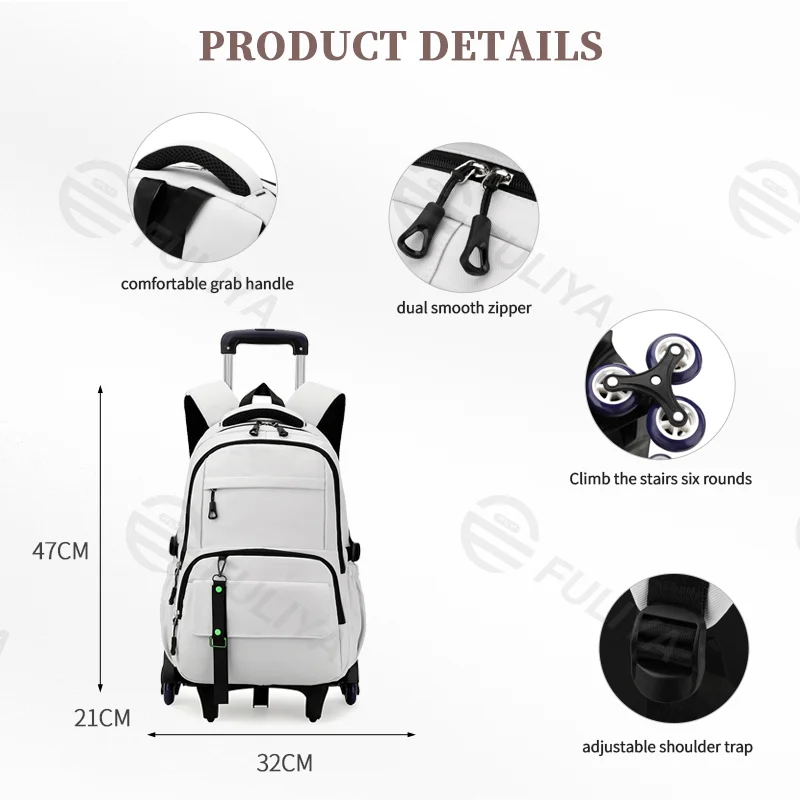 Guangzhou Fuliya Industry Co.,Ltd C-81022 Detachable trolley backpack, large capacity, waterproof fabric, 6-wheel stair-climbing, dual zipper, and adjustable straps - trolley or backpack carry for students and travel.